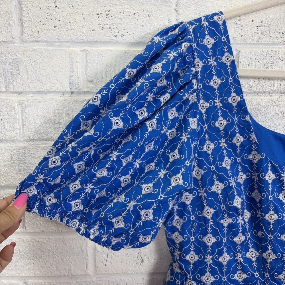 Rhode for Target Babydoll Dress M Blue Embroidered Eyelet Puff Sleeves Pockets - Picture 4 of 12